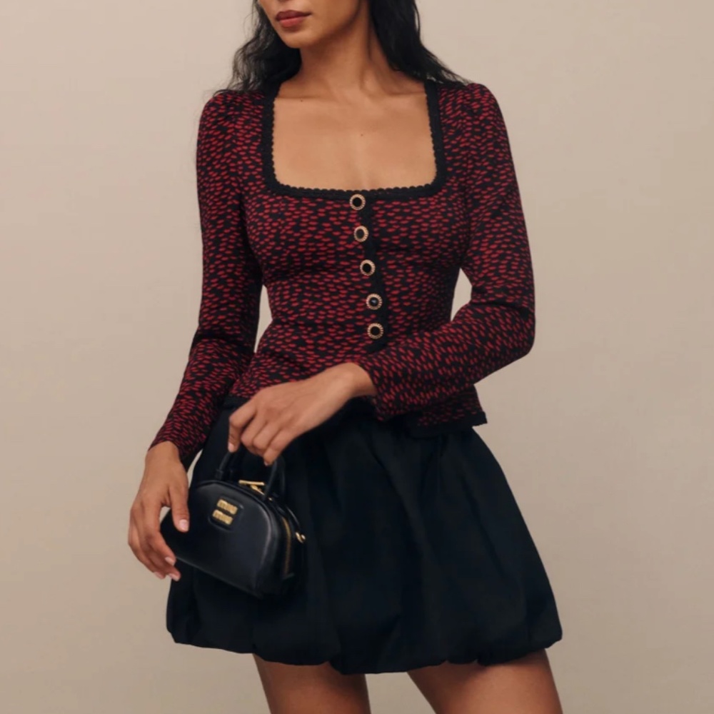 Reformation Red and Black Square-Neck Button-Up Knit Top